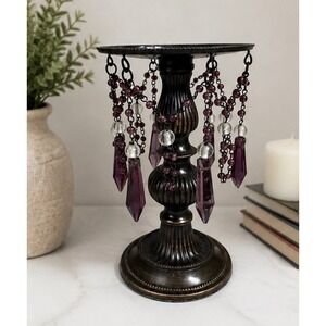 Vintage Solid Brass Pedestal Candle Holder Purple Crystal Beaded Dangles India